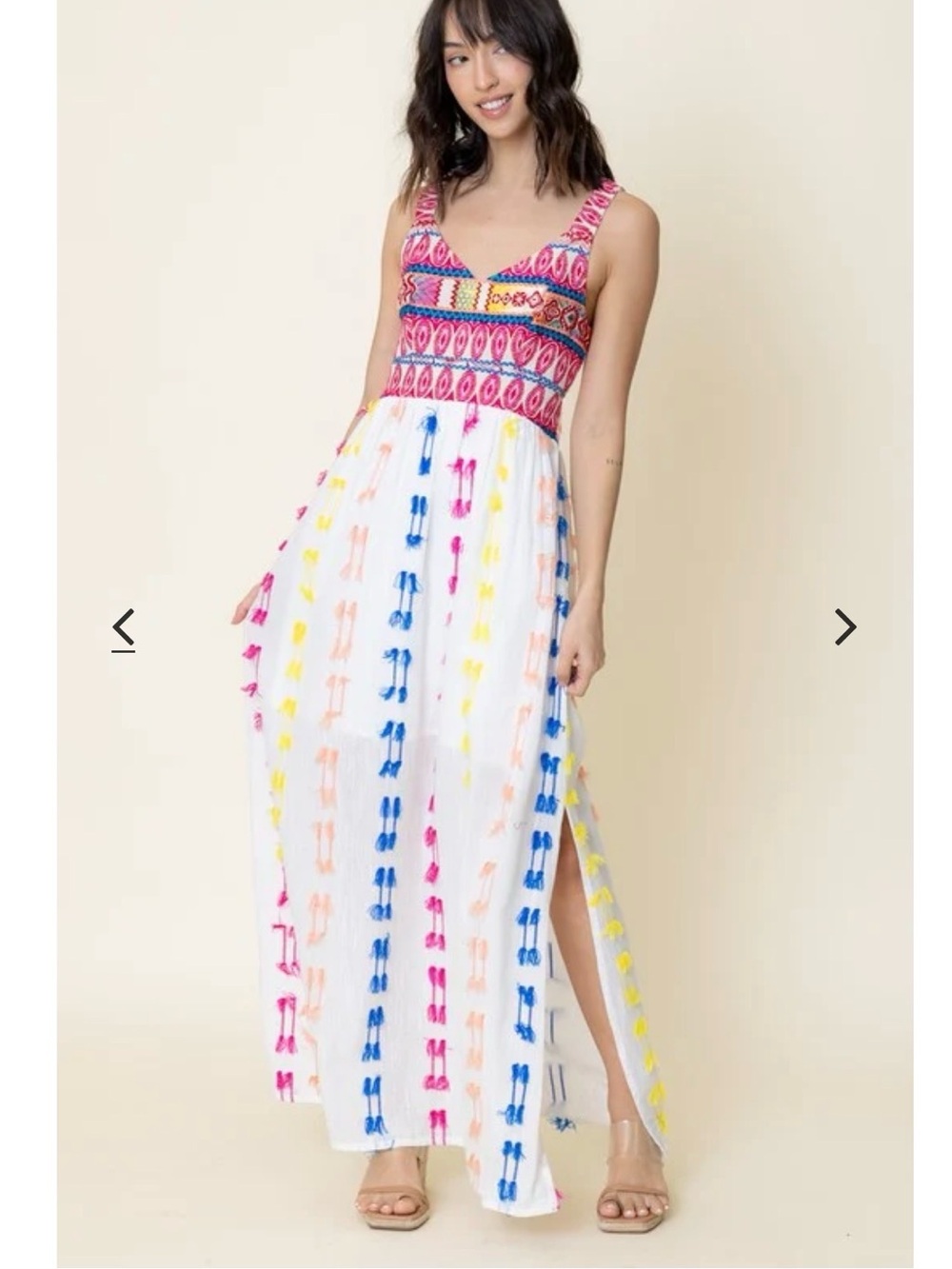En Creme White Maxi Dress w Pink Embroidered Bodice and Multicolor Tassels Med